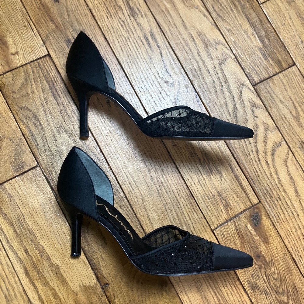 Nina Black Satin dOrsay Mesh Lace Rhinestone Pointed Toe Heels Pumps 6.5M